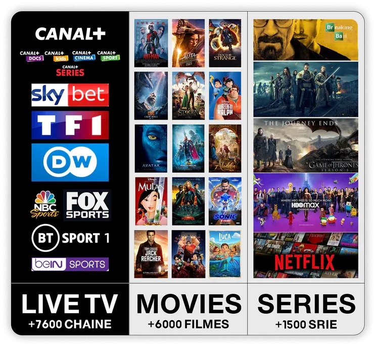 Chaînes IPTV disponibles : Canal+, Sky, TF1, DW, beIN Sports, Fox Sports, Films et Séries
